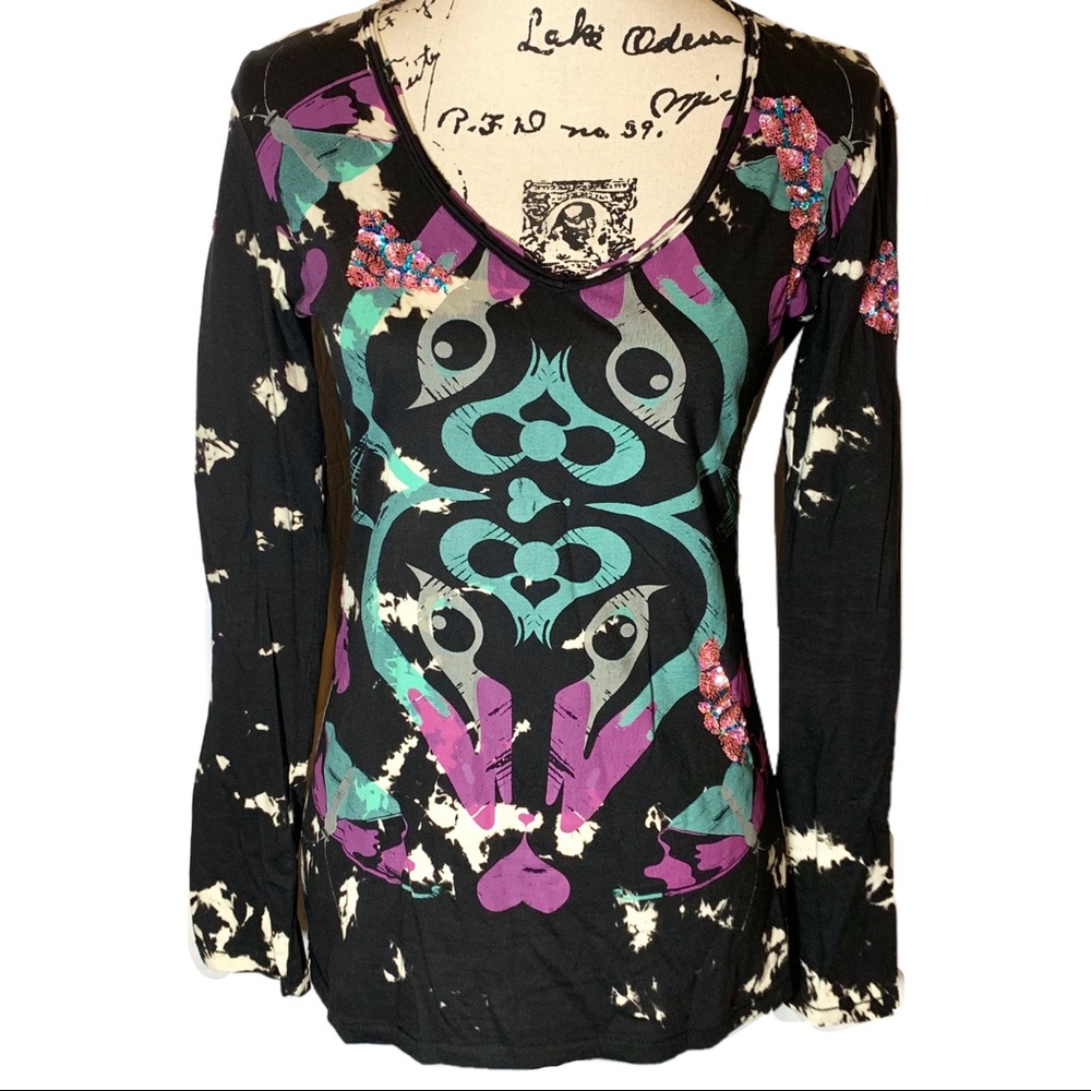Custo Barcelona Tie Dye Top Sequin Dragonfly Bird